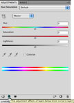 Hue-Saturation, also showing cliping mask button location. This toggle either applies adjustments to  only the layer below, or all the layers below.